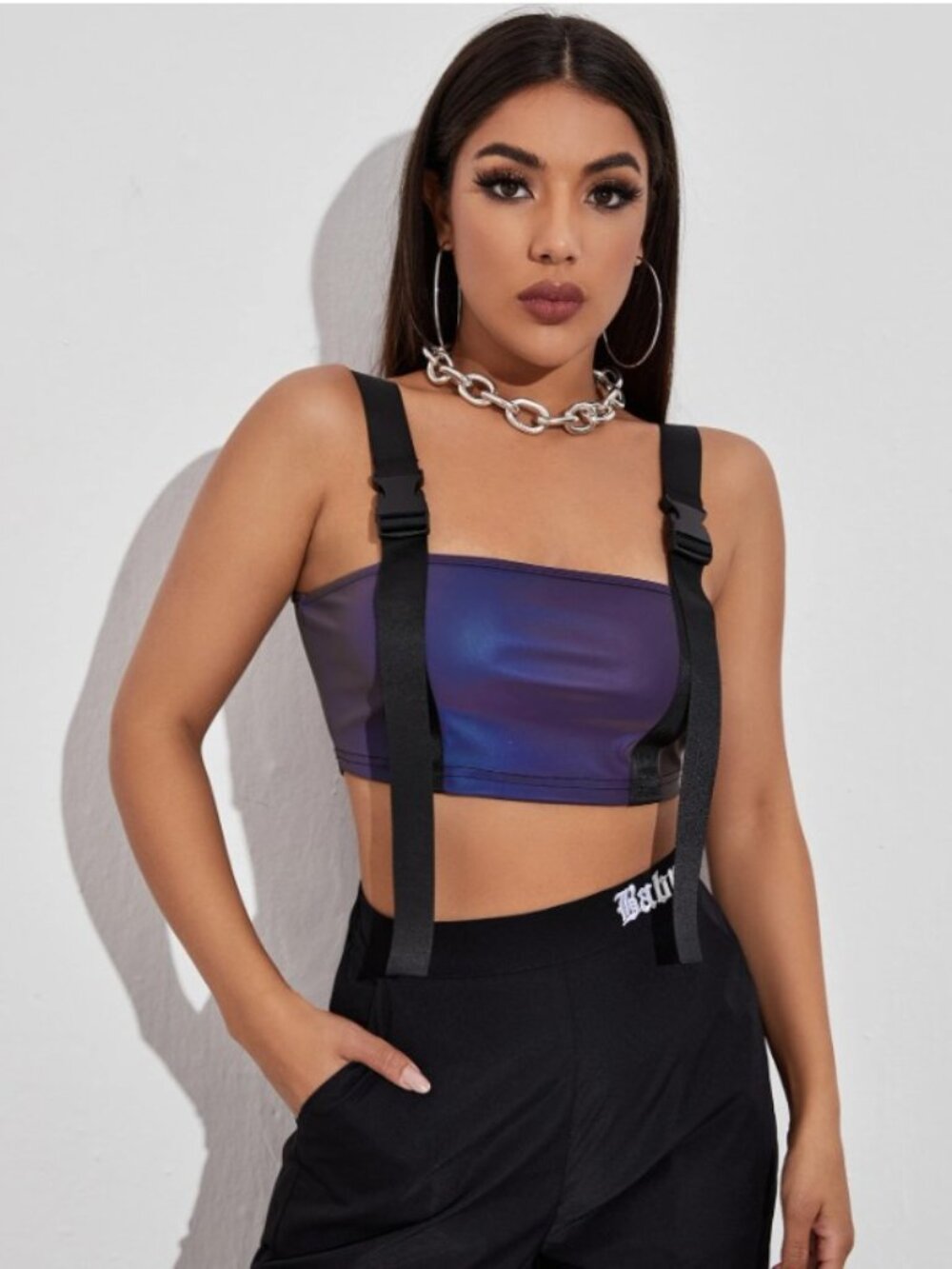 SHEIN Buckle Straps Reflective Holographic Crop Top